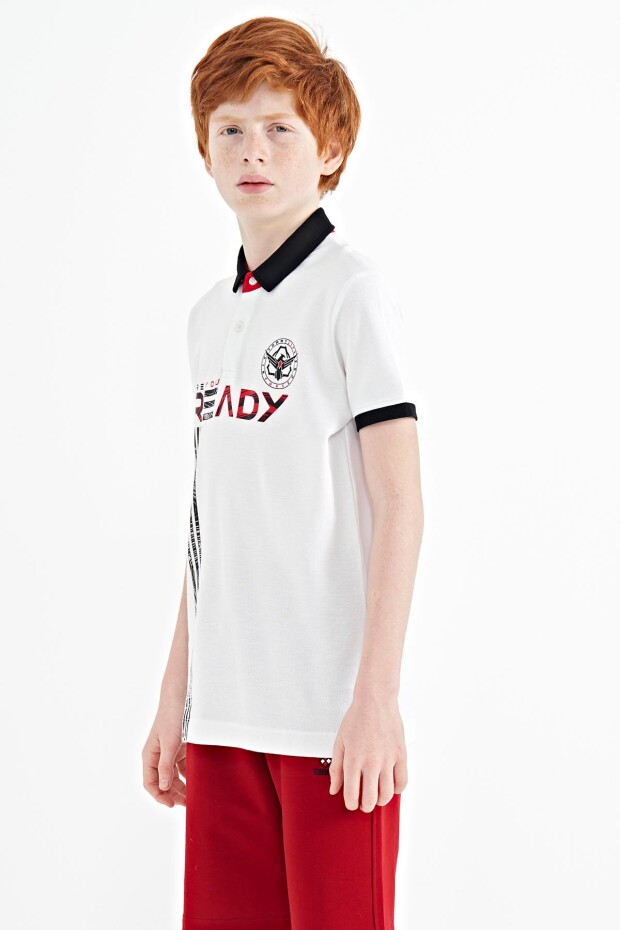 Beyaz Yazı Baskı Desenli Standart Kalıp Polo Yaka Erkek Çocuk T-Shirt - 11143
