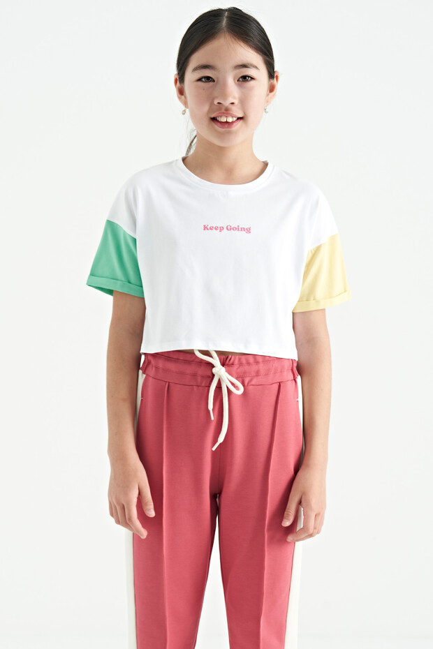Beyaz Yazı Baskılı O Yaka Düşük Omuzlu Oversize Kız Çocuk T-Shirt - 75130