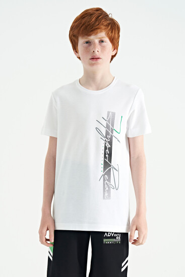 Beyaz Yazı Baskılı O Yaka Standart Kalıp Erkek Çocuk T-Shirt - 11119 