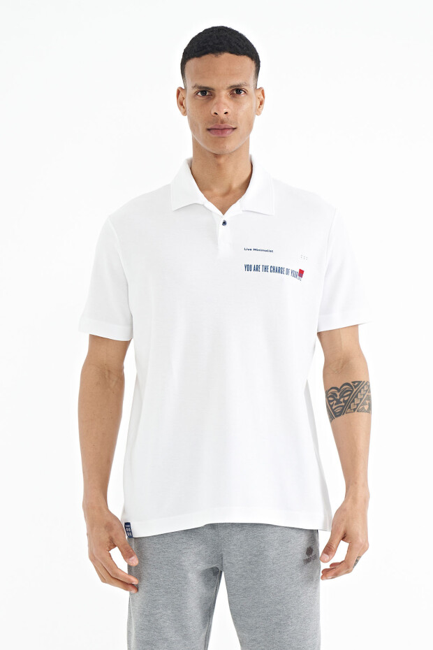 Beyaz Yazı Baskılı Standart Form Polo Yaka Erkek T-shirt - 88236 - 1