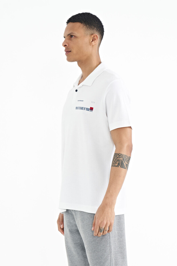 Beyaz Yazı Baskılı Standart Form Polo Yaka Erkek T-shirt - 88236 - 4