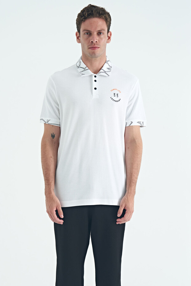 Beyaz Yazı Nakışlı Baskı Detaylı Standart Kalıp Polo Yaka Erkek T-Shirt - 88239 - 1