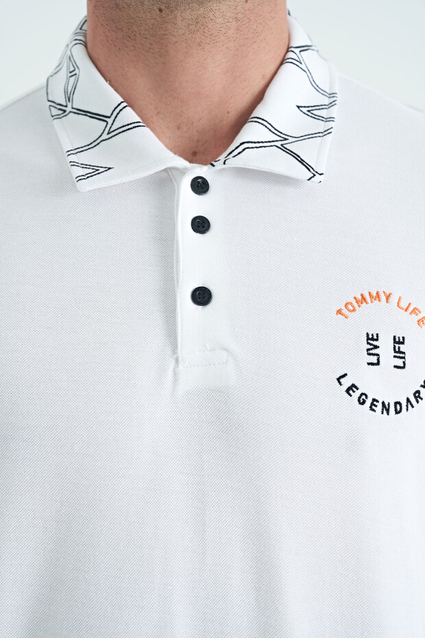 Beyaz Yazı Nakışlı Baskı Detaylı Standart Kalıp Polo Yaka Erkek T-Shirt - 88239 - 6