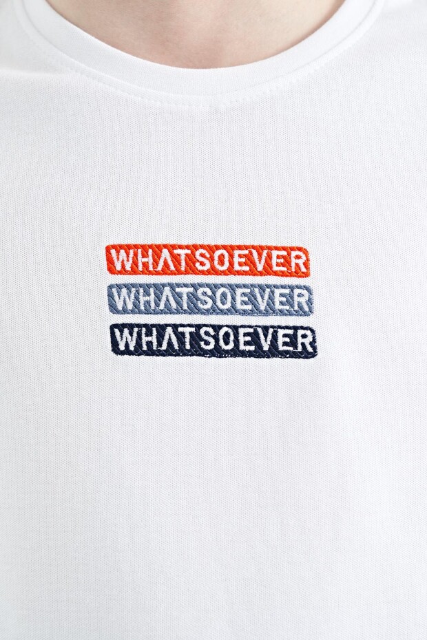 Beyaz Yazı Nakışlı O Yaka Oversize Erkek Çocuk T-Shirt - 11146