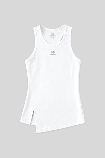 Beyaz Yırtmaç Detaylı O Yaka Sıfır Kollu Standart Kalıp Kadın Spor Atlet - 97256 