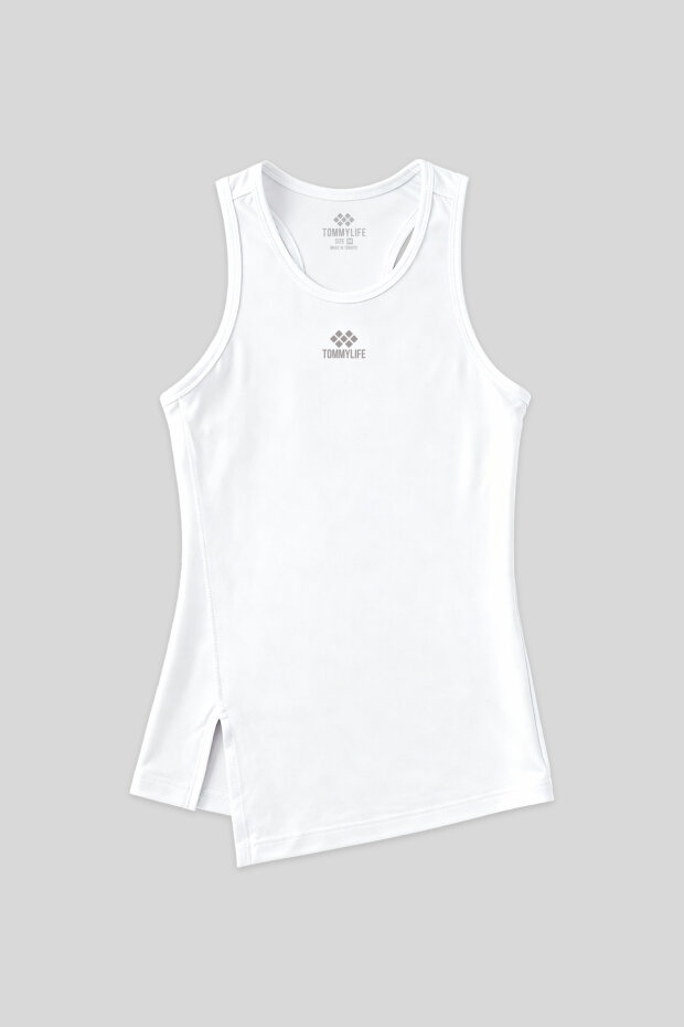 Beyaz Yırtmaç Detaylı O Yaka Sıfır Kollu Standart Kalıp Kadın Spor Atlet - 97256 - 1