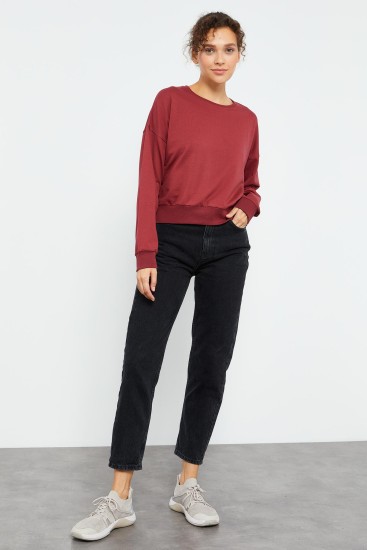 Bordo Basic Rahat Form O Yaka Kadın Sweatshirt - 97114 - TOMMYLIFE (1)