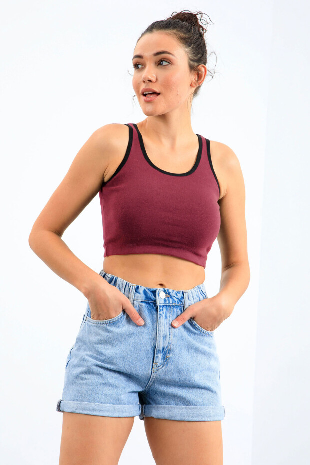 Bordo Basic Sıfır Kol Dar Kalıp U Yaka Kadın Crop Top Atlet - 97162 - 2