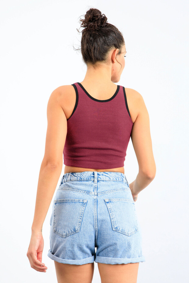 Bordo Basic Sıfır Kol Dar Kalıp U Yaka Kadın Crop Top Atlet - 97162 - 5