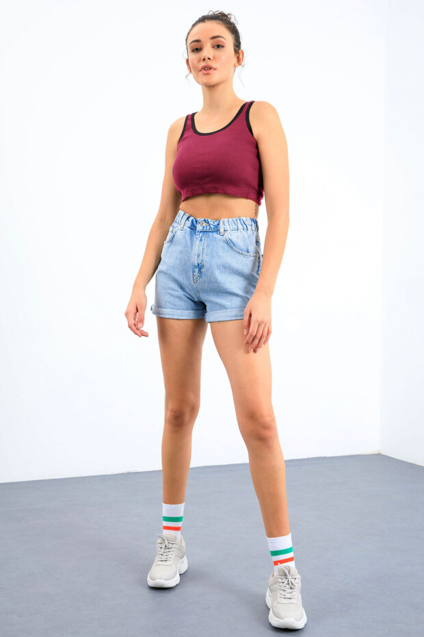 Bordo Basic Sıfır Kol Dar Kalıp U Yaka Kadın Crop Top Atlet - 97162 - 3