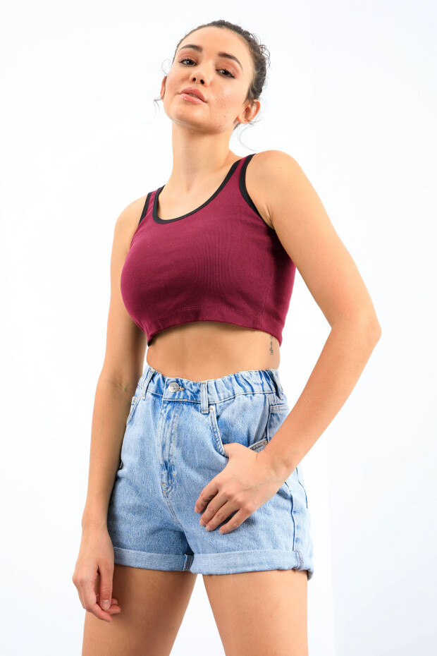 Bordo Basic Sıfır Kol Dar Kalıp U Yaka Kadın Crop Top Atlet - 97162 - 4