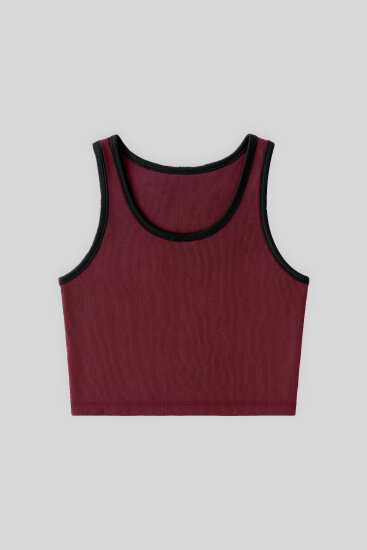 Bordo Basic Sıfır Kol Dar Kalıp U Yaka Kadın Crop Top Atlet - 97162 