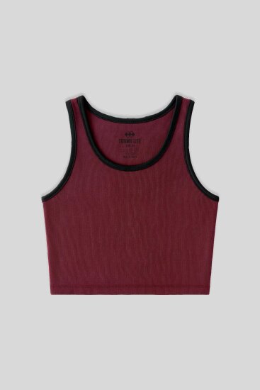 Bordo Basic Sıfır Kol Dar Kalıp U Yaka Kadın Crop Top Atlet - 97162 