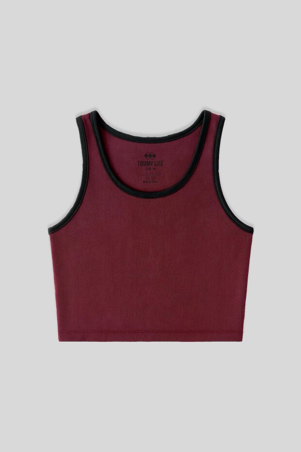 Bordo Basic Sıfır Kol Dar Kalıp U Yaka Kadın Crop Top Atlet - 97162 - 1