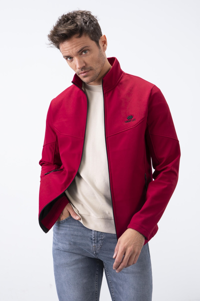 Bordo Fermuarlı Dik Yaka Su ve Rüzgar Geçirmez Softshell Erkek Mont - 88050