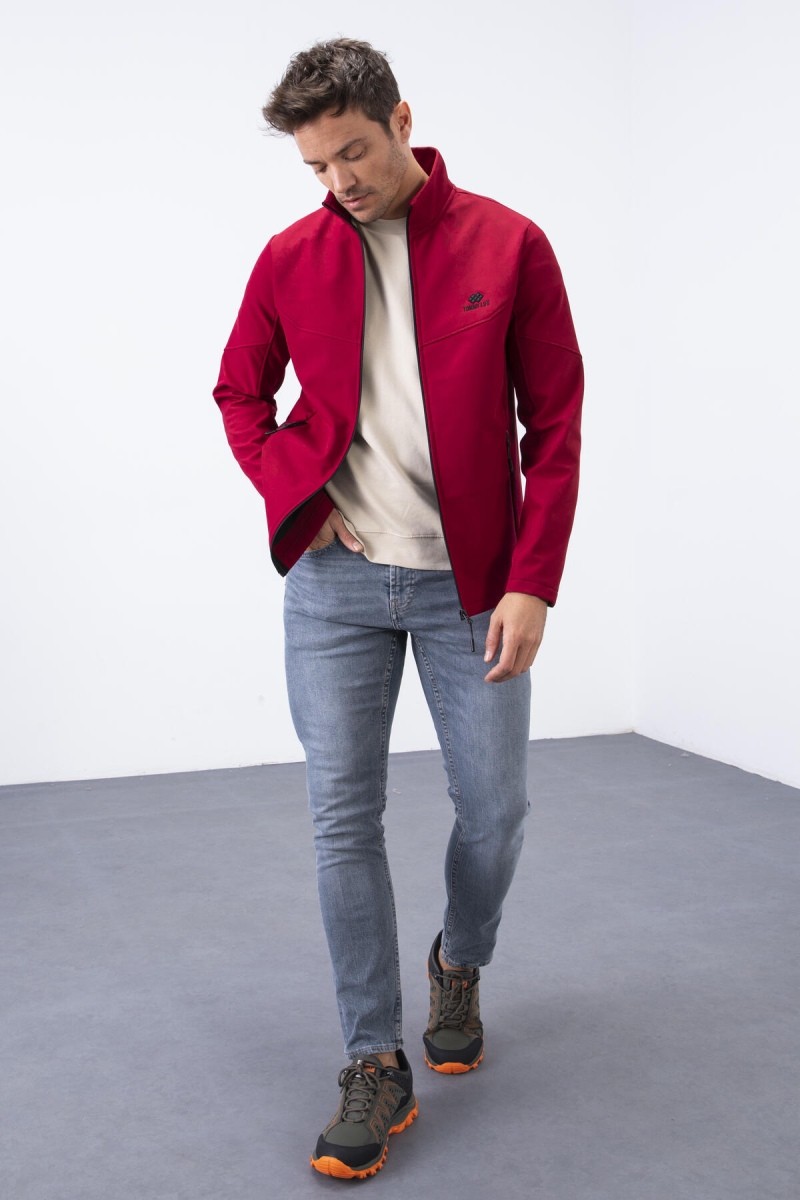 Bordo Fermuarlı Dik Yaka Su ve Rüzgar Geçirmez Softshell Erkek Mont - 88050