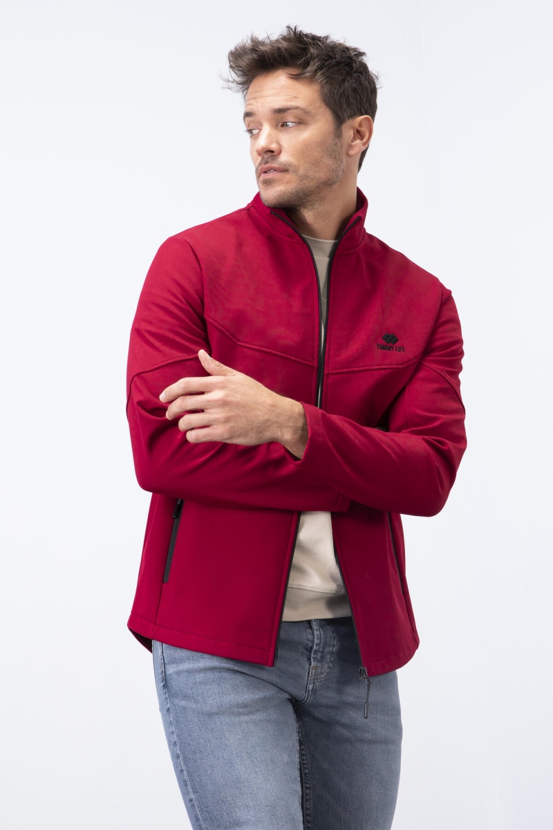 Bordo Fermuarlı Dik Yaka Su ve Rüzgar Geçirmez Softshell Erkek Mont - 88050