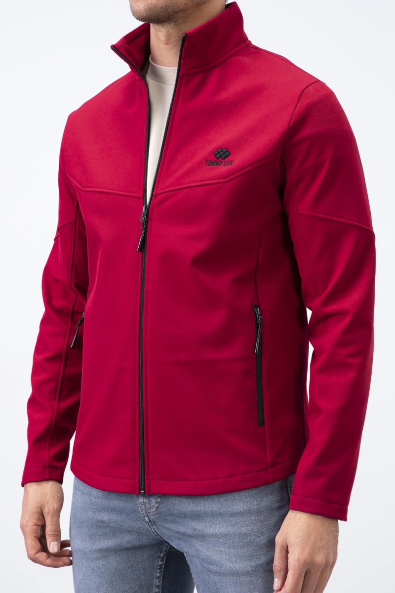 Bordo Fermuarlı Dik Yaka Su ve Rüzgar Geçirmez Softshell Erkek Mont - 88050