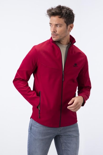 Bordo Fermuarlı Dik Yaka Su ve Rüzgar Geçirmez Softshell Erkek Mont - 88050 