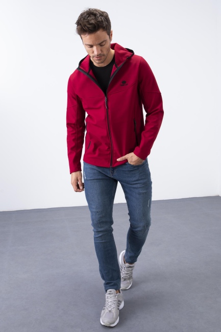 Bordo Fermuarlı Kapüşonlu Su ve Rüzgar Geçirmez Softshell Erkek Mont - 88051 - TOMMYLIFE (1)