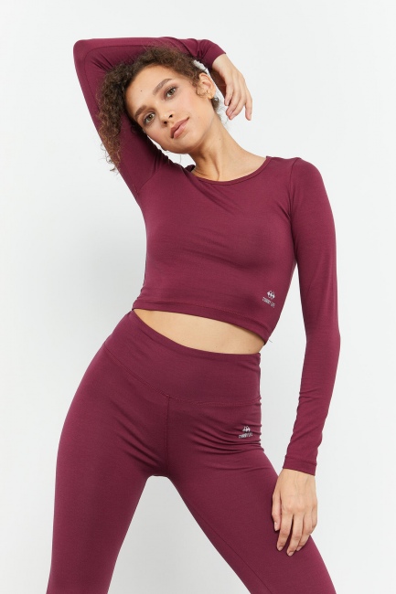 Bordo Uzun Kollu Dar Kalıp O Yaka Kadın Crop Top T-Shirt - 97150 