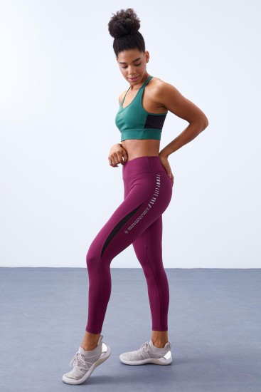 Bordo Yarım Şerit Detaylı Yüksek Bel Slim Fit Kadın Tayt - 94609 
