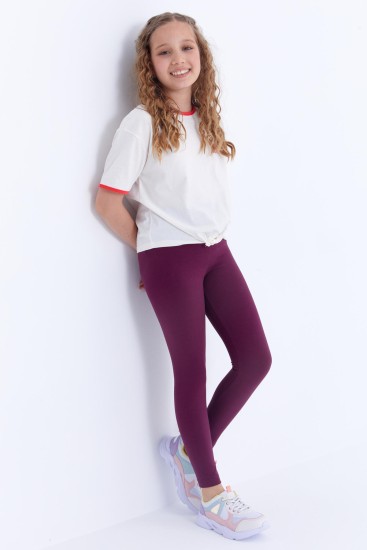 Bordo Yüksek Bel Dar Paça Kız Çocuk Tayt - 75047 
