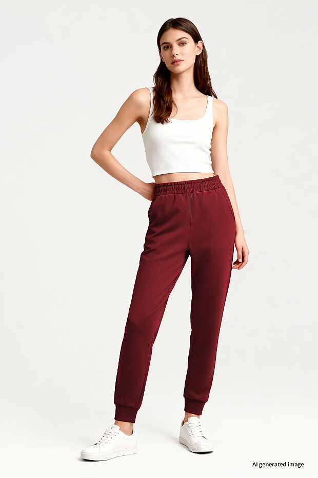 Bordo Yüksek Bel Jogger Rahat Form Manşetli Kadın Eşofman Alt - 94561 - 3