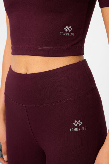 Bordo Yüksek Bel Kapri-Crop T-Shirt Slim Fit Kadın Tayt Takım - 95285 - TOMMYLIFE (1)