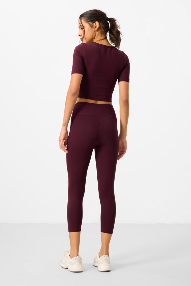 Bordo Yüksek Bel Kapri-Crop T-Shirt Slim Fit Kadın Tayt Takım - 95285