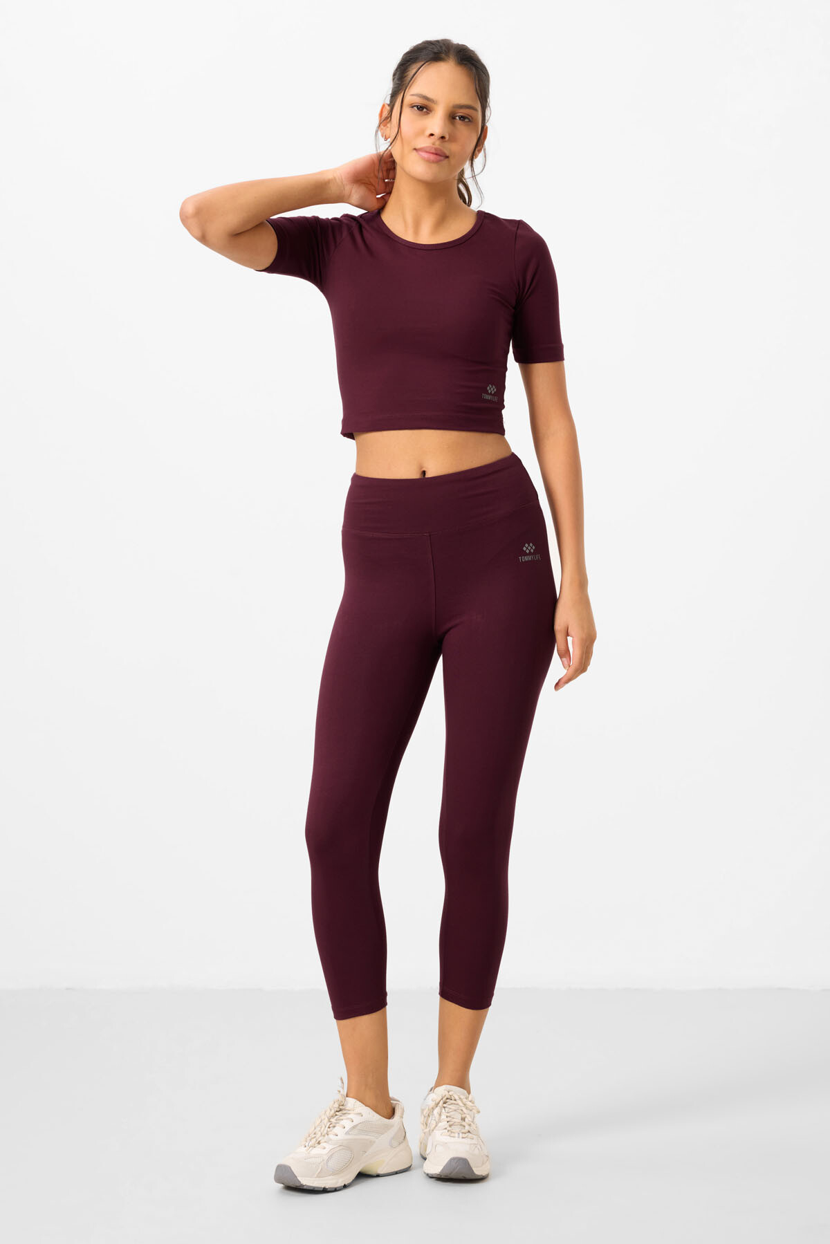 Bordo Yüksek Bel Kapri-Crop T-Shirt Slim Fit Kadın Tayt Takım - 95285 - TOMMYLIFE