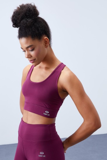 Bordo Yüksek Bel Toparlayıcı Çapraz Sırt Detaylı Slim Fit Kadın Tayt Takım - 95283 - TOMMYLIFE (1)