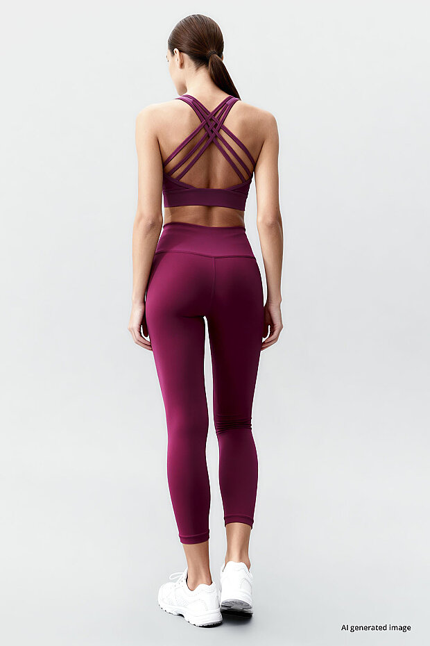 Bordo Yüksek Bel Toparlayıcı Çapraz Sırt Detaylı Slim Fit Kadın Tayt Takım - 95283 - 6