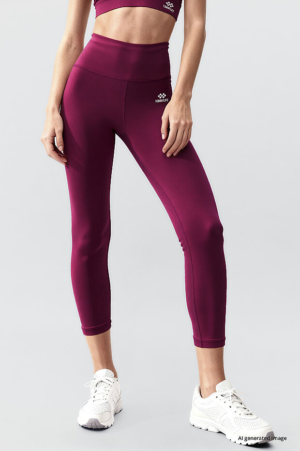Bordo Yüksek Bel Toparlayıcı Çapraz Sırt Detaylı Slim Fit Kadın Tayt Takım - 95283 - 5