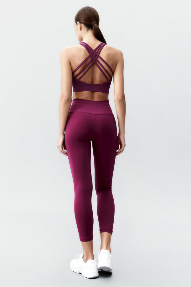 Bordo Yüksek Bel Toparlayıcı Çapraz Sırt Detaylı Slim Fit Kadın Tayt Takım - 95283 - 5