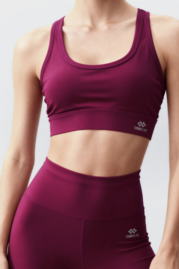 Bordo Yüksek Bel Toparlayıcı Çapraz Sırt Detaylı Slim Fit Kadın Tayt Takım - 95283 - 3