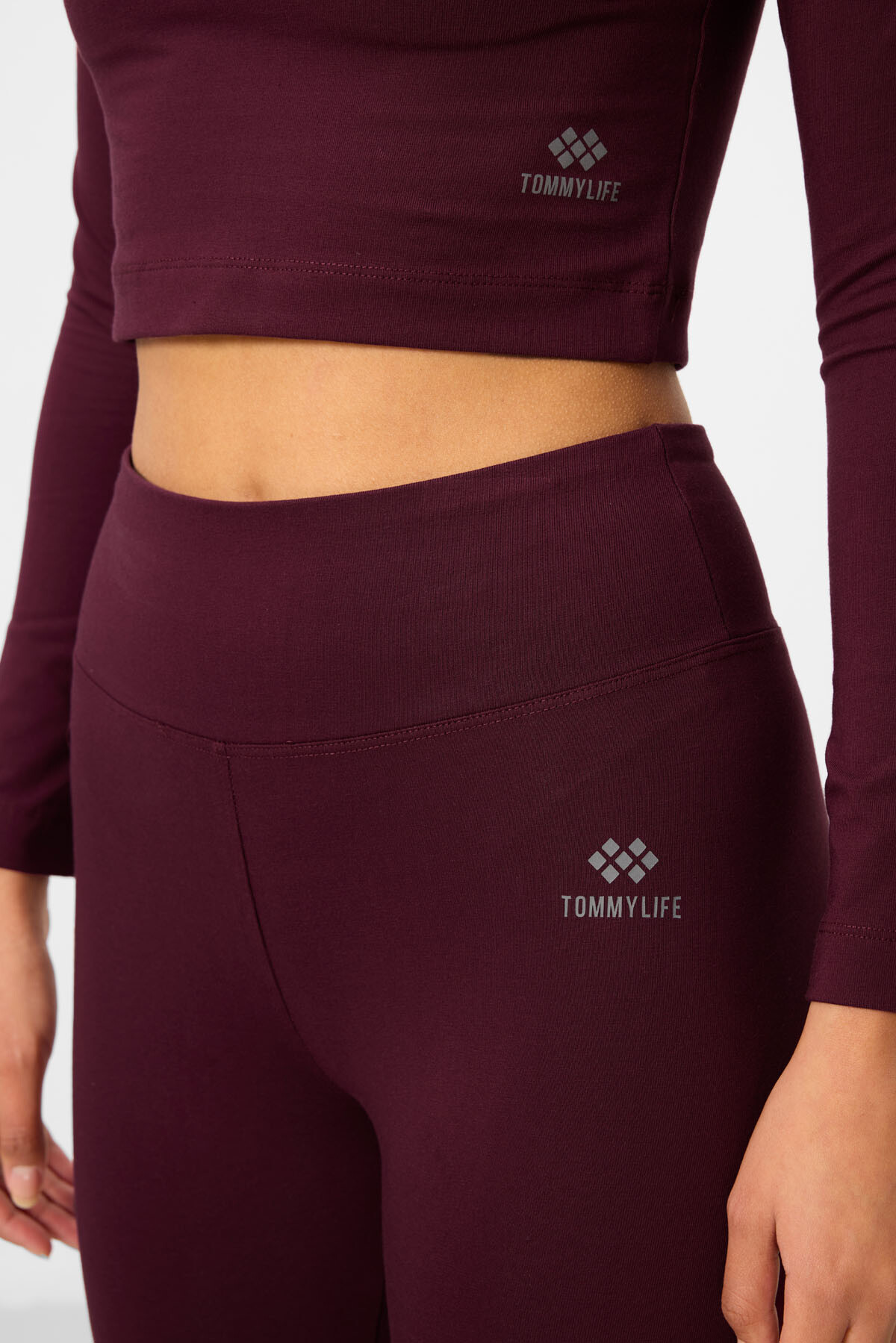 Bordo Yüksek Bel Uzun Kollu Slim Fit Crop Top Kadın Tayt Takım - 95286 - TOMMYLIFE (1)