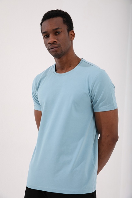 Buz Mavi Erkek Basic Kısa Kol Standart Kalıp O Yaka T-shirt - 87911 - Thumbnail