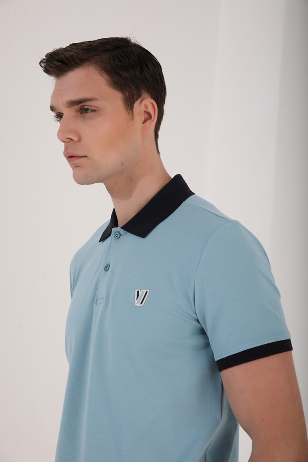 Buz Mavi Basic Göğüs Logolu Standart Kalıp Polo Yaka Erkek T-Shirt - 87938