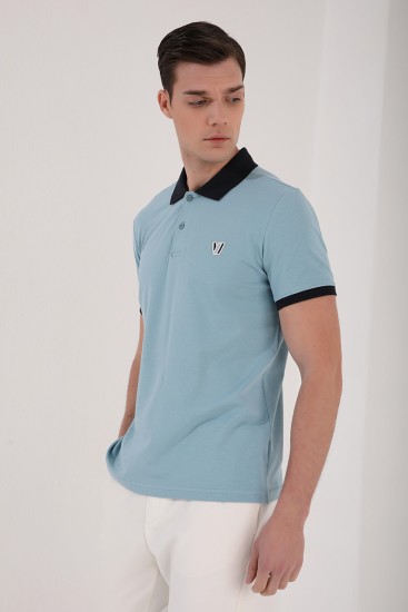 Buz Mavi Basic Göğüs Logolu Standart Kalıp Polo Yaka Erkek T-Shirt - 87938 - Thumbnail