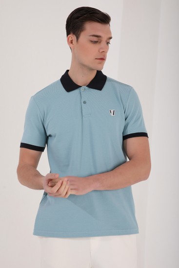 Buz Mavi Basic Göğüs Logolu Standart Kalıp Polo Yaka Erkek T-Shirt - 87938 - Thumbnail