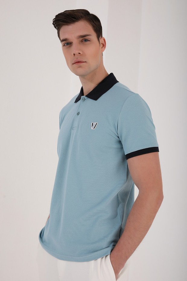 Buz Mavi Basic Göğüs Logolu Standart Kalıp Polo Yaka Erkek T-Shirt - 87938
