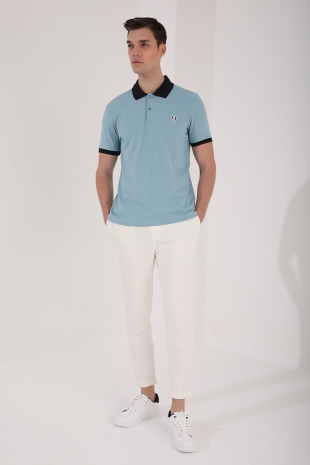 Buz Mavi Basic Göğüs Logolu Standart Kalıp Polo Yaka Erkek T-Shirt - 87938