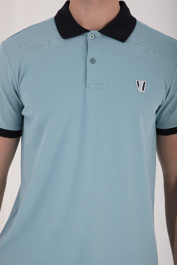 Buz Mavi Basic Göğüs Logolu Standart Kalıp Polo Yaka Erkek T-Shirt - 87938