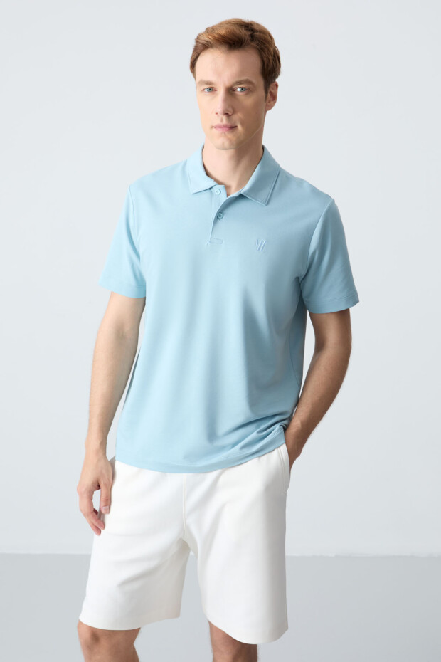 Buz Mavi Basic Göğüs Logolu Standart Kalıp Triko Polo Yaka Erkek T-Shirt - 87768