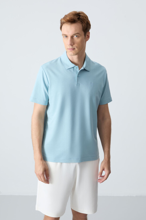 Buz Mavi Basic Göğüs Logolu Standart Kalıp Triko Polo Yaka Erkek T-Shirt - 87768