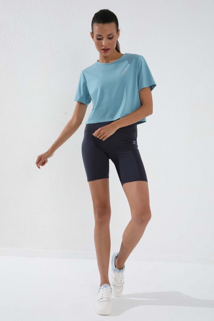 Buz Mavi Basic Kısa Kol Standart Kalıp O Yaka Kadın Crop Top T-Shirt - 97143 - Thumbnail
