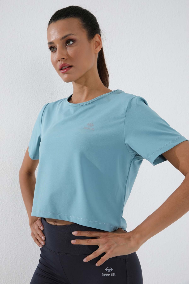 Buz Mavi Basic Kısa Kol Standart Kalıp O Yaka Kadın Crop Top T-Shirt - 97143