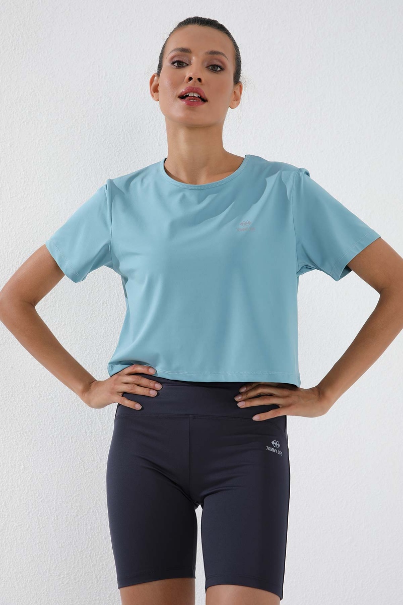 Buz Mavi Basic Kısa Kol Standart Kalıp O Yaka Kadın Crop Top T-Shirt - 97143