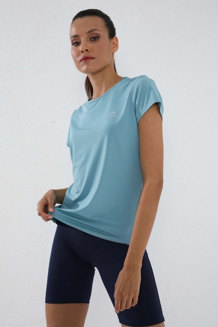 Buz Mavi Basic Kısa Kol Standart Kalıp O Yaka Kadın T-Shirt - 97144 - Thumbnail